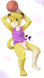 1boy anthro armpits ball barefoot basketball belly bottomless cheetah feet feline flaccid foreskin fur furry green_eyes long_foreskin looking_at_viewer male male_only mammal mostly_nude navel paws penis pink_node ruugiaruu salmy shirt smile solo spots tail tank_top testicles uncut white_fur yellow_fur