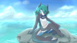 2016 anthro balls belt blue_eyes blue_penis buckle cainethelongshot casual_nudity cloud collar cute day dragon feet fin flaccid fur green_hair hair humanoid_penis kemono looking_at_viewer male male_only marine markings nipples nude nudist orca_tail outside penis public rock scalie sea seaside sky solo tasteful_nudity turquoise_hair uncut unknown_species ushio water webbed_feet webbed_hands