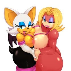 2girls alternate_breast_size anthro aqua_eyes areola ass bare_shoulders bat bat_ears bat_wings big_ass big_breasts big_butt bimbo blonde_hair blue_eyes blush breast_press breast_squish breasts breasts_frottage busty candy_kong cleavage clothed clothing crossover donkey_kong_(series) duo elbow_gloves erect_nipples eyelashes eyes eyeshadow female female_only fingers gloves green_eyes hair half-closed_eyes hand_holding hands huge_ass interspecies large_breasts lipstick looking_at_viewer makeup mammal matospectoru monkey nintendo nipples nude one_eye_closed open_mouth pink_lipstick primate rouge_the_bat simple_background sonic_(series) standing symmetrical_docking tail teeth tongue video_games voluptuous wings wink yuri