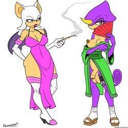 2futas anthro bat big_breasts breasts chameleon cigarette cigarette_holder clothing dickgirl doomington duo espio_the_chameleon footwear foreskin futanari glans hand_fan humanoid_penis intersex japanese_clothing kimono kunai lizard mammal partially_retracted_foreskin penis reptile rouge_the_bat sandals scalie smoke smoking sonic_(series) soulteam uncut weapon wide_hips