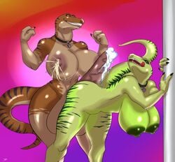 2016 anthro balls big_balls big_breasts big_penis blueavis breasts collar cum cum_on_penis dinosaur duo female futa_on_female futanari green_nipples huge_balls intersex intersex/female lactation milk navel nipples penis raptor reptile romantic_couple scalie smile teeth theropod tongue tongue_out