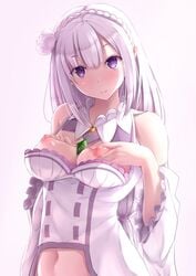 breast_grab breasts emilia_(re:zero) nicoby nipples no_bra pointy_ears re:zero_kara_hajimeru_isekai_seikatsu