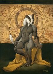 1boy 5_toes anthro badger black_fur black_nose claws fur grey_fur male male_only mammal mustelid navel nude scale_(artist) sitting smile solo toes traditional_media_(artwork)