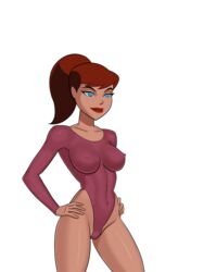 barbara_gordon batman:_the_animated_series batman_(series) belly blue_eyes breasts cameltoe cleavage covered_breasts covered_nipples dc dc_comics dcau erect_nipples erect_nipples_under_clothes female female_only gymnast gymnast_leotard hips large_breasts legs leotard long_hair navel nipple_bulge nipples ponytail red_hair solo something_unlimited sunsetriders7 thighs tied_hair voluptuous