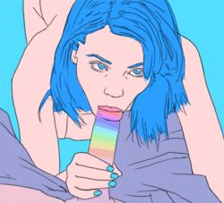 1boy 1girls animated blue_background blue_eyes blue_hair blue_nails erect erection fellatio oral phazed rainbow rainbow_penis simple_background tagme uncensored