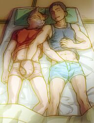 2boys anthro athletic bed body_hair boxers bulge closed_eyes drooling feline furry futon gay hand_in_underwear happy_trail human human_on_anthro interspecies low-riding lying male male/male male_only mammal mutual_masturbation my_hero_academia navel on_back on_bed pecs saliva sansa_tamakawa shirt sleeping t-shirt tank_top torte torte_(triggerhappy) tsukauchi_naomasa under_covers underwear whiskers yaoi