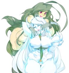 2girls ace.7c3 blue_nipples breast_grab breasts breasts_out eyelashes green_hair green_skin huge_breasts insect_girl inverted_nipples long_hair monster_girl multi_eye multiple_girls nipples pink_eyes scleriteaeaeaggadah slugbox smile text thighhighs tie white_background white_hair white_pants white_shirt white_skin yuri