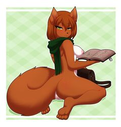 2016 anthro areola ass bag book eurasian_red_squirrel female green_background green_eyes looking_at_viewer luna_(ucrodevil) mammal nipples pattern_background pussy re-sublimity-kun red_squirrel rodent scarf sciurid sciurid_humanoid simple_background solo squirrel squirrel_humanoid squirrel_tail