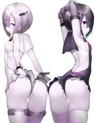 2girls absurdres abyssal_twin_hime_(black) abyssal_twin_hime_(white) arched_back armpits arms_behind_head ass backless_outfit between_labia black_dress black_hair blue_eyes blush boruhis breasts cowboy_shot dress dress_pull elbow_gloves erect_nipples from_behind frontal_wedgie gloves glowing glowing_eyes hair_between_eyes hair_ornament highres hips innie_pussy kantai_collection looking_at_viewer multiple_girls nail_polish open_mouth partially_visible_vulva pussy pussy_wedgie red_eyes shinkaisei-kan short_hair sideboob skindentation sleeveless sleeveless_dress small_breasts thighs tongue tongue_out wedgie white_dress white_hair