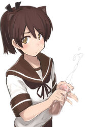 blush brown_eyes brown_hair cum ejaculation female hair_ribbon handjob kantai_collection looking_at_viewer mikagami_sou penis ponytail ribbon school_uniform serafuku shikinami_(kantai_collection) short_hair simple_background sketch solo_focus straight sweatdrop tied_hair white_background