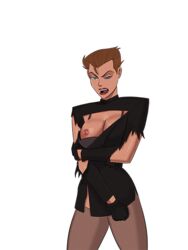 bra breasts brown_hair cleavage covered_breasts dc dc_comics dcau female female_only gloves hat hips large_breasts legs mercy_graves nipples short_hair solo stockings superman:_the_animated_series superman_(series) thighhighs thighs torn_clothes