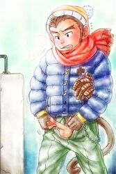 1boy anthro balls blush clenched_teeth clothed clothing cold erection front_view fully_clothed gloves humanoid_penis jacket male male_only mammal masturbation monkey pants penile_masturbation penis penis_through_fly poking_out primate scarf solo standing teeth torte urinal winter