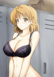 8000 black_bra blush bra breasts brown_eyes brown_hair canon_genderswap cleavage collarbone female groin highres large_breasts locker_room looking_at_viewer navel rule_63 short_hair solo to_love-ru underwear yuuki_rito yuusaki_riko