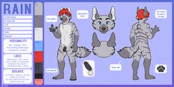 1boy 2016 4_fingers 4_toes anthro black_nose black_pawpads black_penis blue_eyes color_swatch dotted_background english_text erection flaccid fluffy fluffy_tail fur grey_fur grey_stripes hair humanoid_penis hyena looking_at_viewer male male_only mammal model_sheet multiple_angles nowandlater nude open_mouth pattern_background pawpads paws penis pink_tongue plantigrade rainhyena red_hair signature simple_background smile solo standing striped_fur striped_hyena striped_tail stripes text toes tongue vein veiny_penis waving