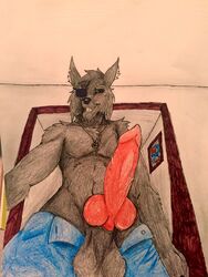 1boy animal_genitalia anthro big_penis black_fur bossman1969 canine clothed clothing fur knot looking_at_viewer male male_only mammal pants_down partially_clothed penis perspective poking_out red_penis solo