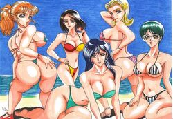 5girls ass beach bikini blonde_hair blue_eyes blue_hair bracelet breasts brown_eyes brown_hair character_request cleavage earrings female_only glasses green_hair gundam hand_on_ass hand_on_own_ass head_tilt koutenki-en leaning_on_hands lipstick looking_back looking_over_shoulder nail_polish navel nipple_bulge ocean orange_hair silegy sitting smile standing