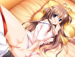 1boy alpha_(artist) antenna_hair bef blue_eyes blush brown_hair clothing female game_cg konna_ko_ga_itara_boku_wa_mou long_hair lying mitsuse_ayana panties panties_around_leg pillow pink_panties pussy uncensored