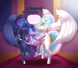 2016 absurd_res alicorn anthro anthrofied areola balls belly belly_bulge big_breasts blowjob blush breasts cutie_mark deepthroat dialogue dickgirl dickgirl_penetrating double_penetration english_text equine female friendship_is_magic furry futa_on_female futanari group group_sex hair hi_res horn horn_grab huge_breasts intersex intersex/female intersex_penetrating limebreaker long_hair mammal medial_ring_bulge my_little_pony nipples nude oral oral_penetration penetration penis penis_belly_bulge princess_celestia_(mlp) princess_luna_(mlp) pussy sex sibling sisters spitroast standing text twilight_sparkle_(mlp) unicorn vaginal_penetration vaginal_sex vein wings