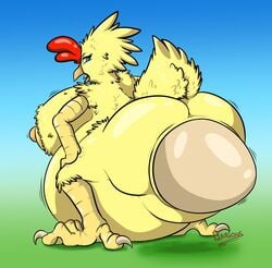 2016 animal_genitalia anthro ass avian beak big_belly big_breasts big_butt bird breasts chicken claws cloaca dargons egg egg_laying english_text feathers female green_eyes huge_breasts huge_butt nipples nude sideboob signature solo text toe_claws yellow_feathers