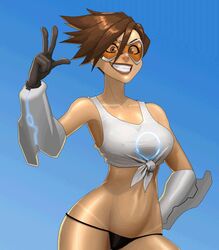 animated areolae blizzard_entertainment blue_background breasts brown_hair collaboration digitalgil erect_nipples female gif gloves goggles hair_between_eyes navel nipples overwatch panties parted_lips rodjim see-through short_hair smile solo spiked_hair tank_top tanline teeth tracer wet