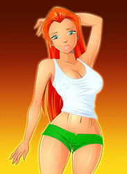 1girls armpit armpits belly breasts cleavage covered_nipples erect_nipples female green_eyes hotpants hourglass_figure large_breasts legs long_hair midriff navel nipple_bulge nipples red_hair sam_(totally_spies) solo teenager thighs totally_spies zfive