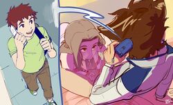 2boys backpack brown_eyes brown_hair cellphone clothing comic digimon digimon_adventure_tri. fellatio female human kenno_arkkan koushiro_izumi long_hair looking_up male mimi_tachikawa multiple_boys on_phone open_mouth oral penis taichi_yagami