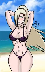 1girls aqua_eyes armpits arms_behind_head bare_legs bare_shoulders beach bikini blonde_hair blush breasts clenched_teeth cloud erect_nipples eyebrows eyelashes female female_only hair_over_one_eye hips ino_yamanaka large_breasts legs long_hair looking_at_viewer naruto nipples omarsin ponytail purple_bikini shiny shiny_skin sky solo standing stomach teeth tied_hair very_long_hair water