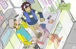 2boys cellphone cum daisuke_motomiya digimon digimon_adventure_02 facial female glasses goggles handjob human kenno_arkkan kneeling miyako_inoue multiple_boys takeru_takaishi tongue_out under_the_table