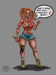 1girls breasts female halloween highres large_breasts lumberjack red_hair solo text thick_thighs thighs yandere