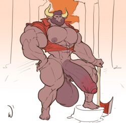 anthro axe bovine bull flaccid humanoid_penis hyper_balls hyper_penis insom_(whatinsomnia) lumberjack male_only minotaur muscular penis whatinsomnia yaoi