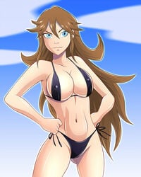 belly bikini blue_eyes breasts brown_hair cleavage covered_breasts covered_nipples erect_nipples female female_only jinja_(monsuno) large_breasts legs long_hair monsuno navel nipples solo swimsuit thighs zfive