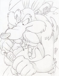 1boy anthro balls canine coyote dudebulge flaccid greyscale high-angle_view humanoid_penis looney_tunes male male_only mammal monochrome nude pencil_(artwork) penis signature smooth_fur solo toony traditional_media_(artwork) warner_brothers wile_e._coyote