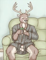 1boy animal_genitalia animal_penis anthro antlers balls bathrobe beverage black_nose cervine clothed clothing deer horn inside lavilovi male male_only mammal penis robe sheath sitting sleepy sofa solo tea