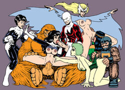 4girls 5boys alpha_flight aurora_(marvel) calibos dark-skinned_male dark_skin eugene_judd female guardian_(marvel) interracial james_hudson jean-paul_beaubier jeanne-marie_beaubier male marrina_smallwood marvel marvel_comics michael_twoyoungmen multiple_girls narya_(marvel) native_american nipples northstar_(marvel) penis puck_(marvel) sasquatch_(marvel) shaman_(marvel) snowbird straight_hair testicles walter_langkowski