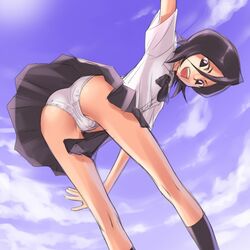 ass bent_over black_eyes black_hair black_legwear bleach dark_eyes dark_hair female footwear hair_between_eyes kuchiki_rukia long_legs mosha panties pantyshot school_uniform serafuku sky socks solo underwear upskirt white_panties