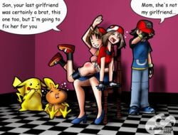 . 2006 animated ash_ketchum ass butt crying crying_with_eyes_closed delia_ketchum_(pokemon) el_manto_negro eyes_closed facepalm female human human_only male may_(pokemon) milf mom_and_son mother_and_child mother_and_son nintendo pikachu pokemon satoshi_(pokemon) spanking straight_hair torchic