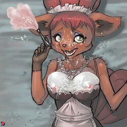 anthro banjies breasts brown_fur clothes color cum female female_only front_view fur furry furry_breasts furry_tail holding multiple_tails nintendo nipples pokemon pokemon_(species) solo tagme tail vulpix