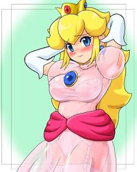 1girls armpits arms_behind_head arms_up blush bra breasts embarrassed embarrassed_underwear_female embarrassed_undressed_female euf female fully_clothed garter_belt human konpeto lingerie long_hair looking_at_viewer mario_(series) nintendo panties pose princess_peach see-through sexy_armpits smile straight_hair thighhighs underwear