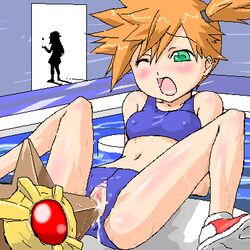 blue_swimsuit gym_leader human kasumi_(pokemon) leaf_(pokemon) misty_(pokemon) misty_(pokemon_frlg) nintendo orange_hair pokemon pokemon_frlg pokephilia shoes short_orange_hair silhouette staryu tagme