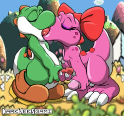 2boys birdo bow claws closed_eyes darknek0gami eyeshadow femboy_with_male furry green_skin interspecies kissing male mario_(series) nintendo outdoors penis pink_skin shoes smooth_skin spots super_mario_bros. tail thick_thighs thighs tongue tongue_kiss yoshi yoshi's_island