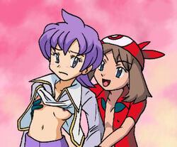 00s 2girls anabel_(pokemon) anabel_(pokemon_rse) bandana blue_eyes breasts brown_hair clothes color female female_only front_view frontier_brain hair human human_only light-skinned_female light_skin may_(pokemon) may_(pokemon_rs) multiple_females multiple_girls nintendo nipples pokemon pokemon_rse purple_eyes purple_hair red_bandana short_hair short_purple_hair straight_hair yuri