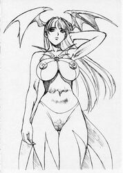 clothing darkstalkers drawn inoue_takuya medium_breasts morrigan_aensland panties pubic_hair see-through see-through_clothing tagme