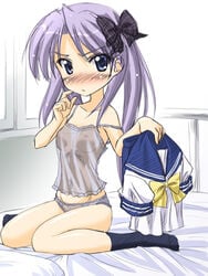 bed blue_eyes blush bow breasts camisole female female_only footwear hairbow human kagami_hiiragi lingerie long_hair lucky_star masakichi_(crossroad) nipples panties purple_hair school_uniform see-through serafuku sitting socks solo strap_slip underwear