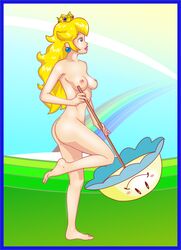 1girls accurate_art_style ass bare_breasts barefoot blonde_hair blue_border blue_eyes breasts butt casual crown earrings extremeexe feet female female_only human jewelry lips lipstick long_hair mario_(series) naked nintendo nipples nude nude_female official_style outdoor_nudity outdoors pale_skin parasol perry_(nintendo) pink_lipstick princess_peach solo straight_hair super_princess_peach umbrella video_games