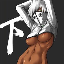 1girls abs arrancar athletic bleach breasts clothing dark-skinned_female dark_skin espada female female_only green_eyes mosha nipple_slip nipples short_hair sideboob solo tan_skin tia_harribel underboob white_hair