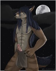 1boy 2015 abs animal_genitalia anthro black_fur black_hair brown_eyes brown_fur canine canine_penis clothed clothing delilittle erection fur hair half-dressed jackal knot long_hair looking_at_viewer male male_only mammal moon night nipples penis pose precum solo standing star stripes topless tribal western_art