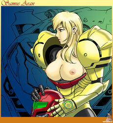 1girls armor armored_samus exposed_breasts female female_only helmet helmet_with_visor holding_helmet human metroid nintendo samus_aran solo varia_suit varia_suit_helmet zakuman