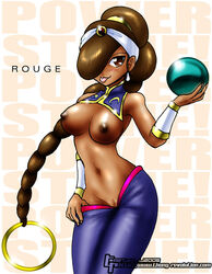 arabian_clothes blush braid breasts brown_eyes brown_hair crystal_ball dark-skinned_female dark_skin earring earrings female female_only fortune_teller hair_over_one_eyes harem_outfit jewelry john_joseco long_hair nipples no_panties power_stone pussy rouge_(power_stone) solo tongue uncensored