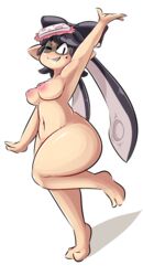 balooga barefoot black_eyes black_hair bow breasts callie_(splatoon) female inkling inverted_nipples long_hair looking_at_viewer mole mole_under_eye navel nintendo nipples nude pointy_ears raised_arm simple_background smile smooth_skin solo splatoon squid_sisters thick_thighs tied_hair twintails wide_hips wink