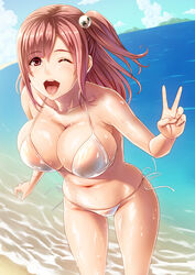 ;d beach bikini blue_sky breasts brown_eyes brown_hair cloud collarbone cowboy_shot dead_or_alive dead_or_alive_5 female hair_ornament highres honoka_(doa) large_breasts leaning_forward long_hair looking_at_viewer mountain navel one_eye_closed one_side_up open_mouth rokko side-tie_bikini sky smile solo swimsuit v voluptuous wet wet_clothes wet_swimsuit white_bikini